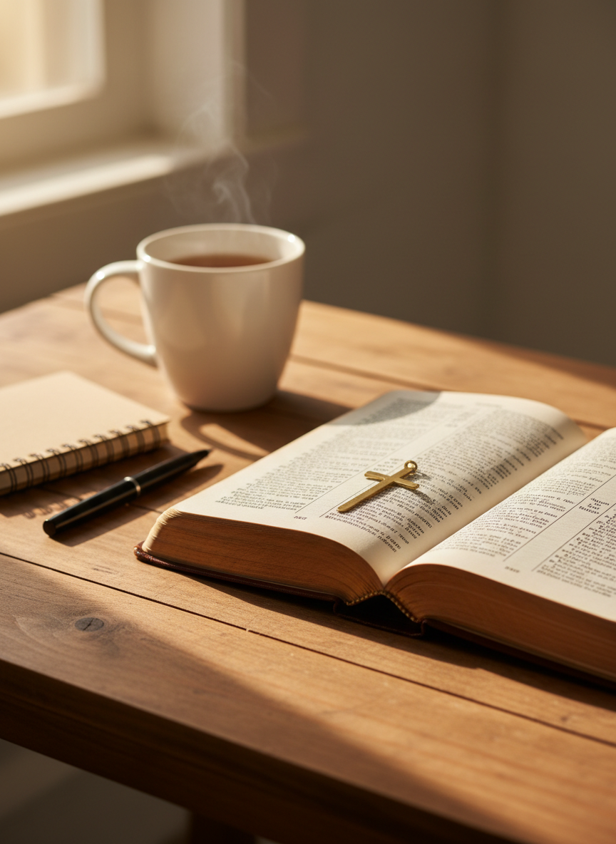 A well-worn leather Bible with softly creased pages lies open on a simple wooden table, a delicate brass cross bookmark resting in the center fold. Around it, a plain ceramic mug of herbal tea releases a faint wisp of steam beside a small spiral-bound journal and a neatly arranged pen. Soft morning sunlight streams through an unseen window, creating gentle highlights on the Bible’s gilded page edges and casting long, peaceful shadows across the grain of the wood. Photographic realism, shot at eye level with a shallow depth of field, keeps the open Scripture in sharp focus while the background fades into a warm, creamy blur, evoking quiet devotion, surrender, and reflective spiritual growth.