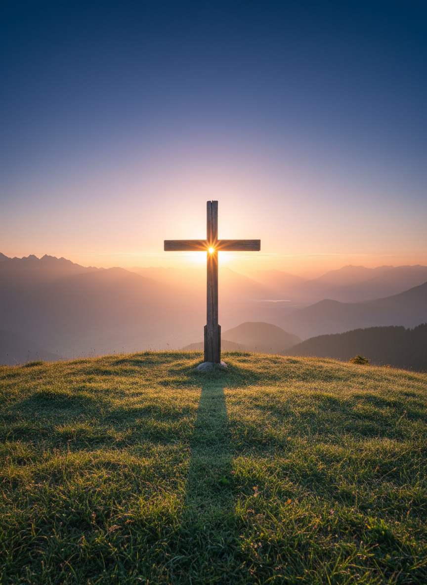 A solitary wooden cross, crafted from weathered, splintered beams, stands firmly planted on the crest of a gentle hill covered in soft, dew-laden grass. Behind it, a vast horizon stretches beneath a sky transitioning from night to dawn, with deep blues melting into warm pinks and golds. The first rays of golden hour sunlight wrap the cross in rim lighting, creating a subtle halo effect and casting a long, contemplative shadow down the slope. Photographic realism, composed using the rule of thirds with a wide-angle lens, emphasizes openness, surrender, and hope, while distant mountains rest in soft focus, conveying a sense of journey and growing closer to Jesus through yielded trust.