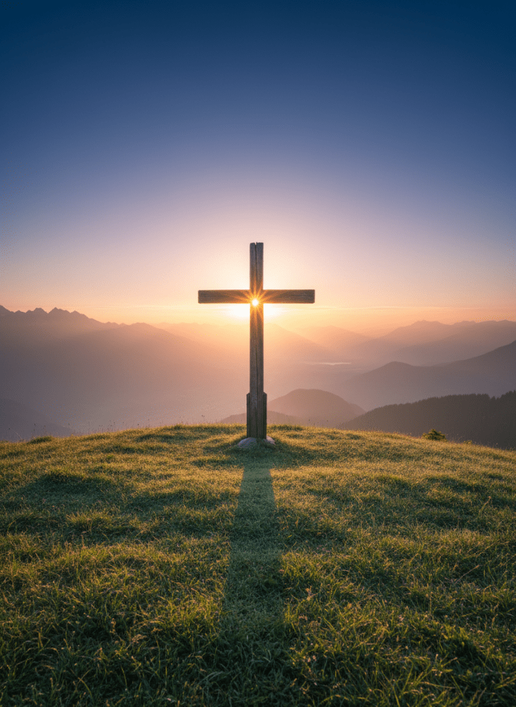 A solitary wooden cross, crafted from weathered, splintered beams, stands firmly planted on the crest of a gentle hill covered in soft, dew-laden grass. Behind it, a vast horizon stretches beneath a sky transitioning from night to dawn, with deep blues melting into warm pinks and golds. The first rays of golden hour sunlight wrap the cross in rim lighting, creating a subtle halo effect and casting a long, contemplative shadow down the slope. Photographic realism, composed using the rule of thirds with a wide-angle lens, emphasizes openness, surrender, and hope, while distant mountains rest in soft focus, conveying a sense of journey and growing closer to Jesus through yielded trust.